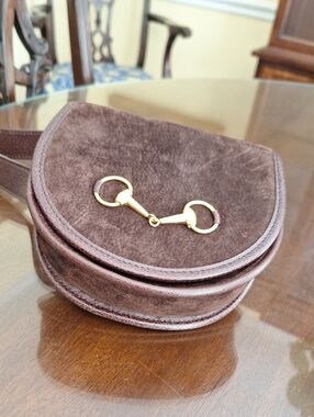 Brown Suede Crossbody Bag with Gold Horsebit Detail